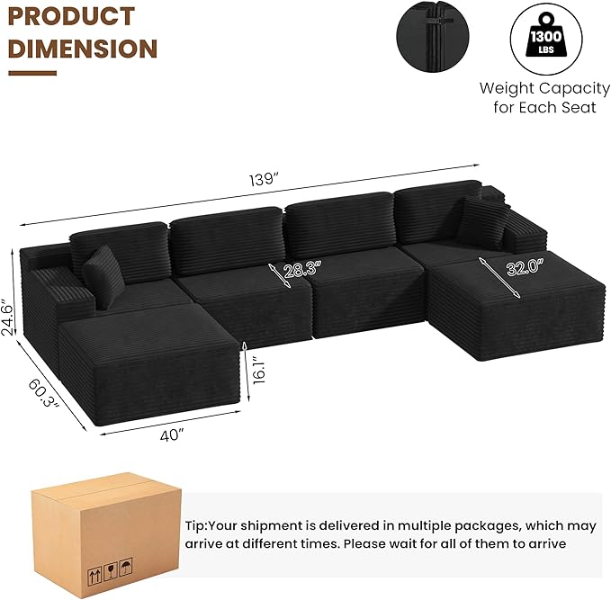 Balshaw 108" Cloud Sectional Couch Sofa with L-Shape Chaise, Modern Modular Sofa Couch Upholstered Couches for Living Room Bedroom, No Assembly Required (Black, U Shape)