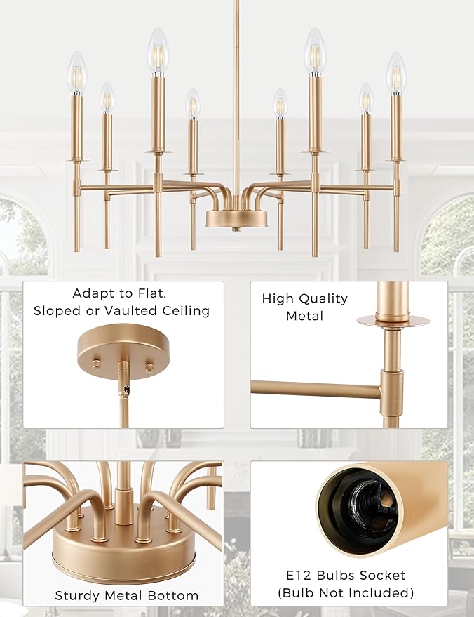 DORESshop Modern Chandelier for Dining Room, 8-Light 26.8" Gold Modern Chandelier for Dining Room, Adjustable Height Light Fixtures Over Table for Bedroom Kitchen Island Living Room
