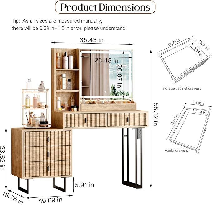 Large Vanity Desk with 3 Color Touch Screen Dimming Mirror, Vanity Desk with Charging Station, Modern Retractable Makeup Dressing Table, Makeup Table With storage shelves and 5 Sliding Drawers, Oak