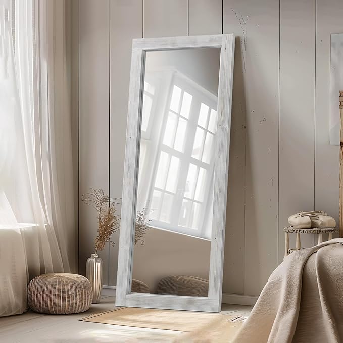 MELOMOIR Rustic Farmhouse Full Length Mirror with Wood Frame, 56"x21" Long Mirror for Bedroom Living Room Cloakroom, Free Standing Hanging or Leaning, Weathering White