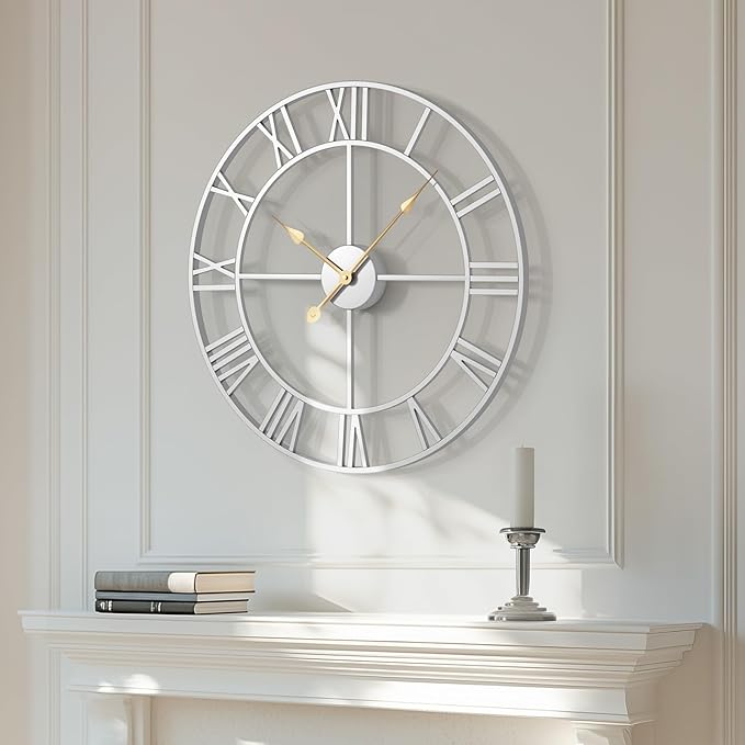Cuspin 20 Inch Wall Clock Large Silver Decorative Clocks, Modern Metal Round Wall Clock Battery-Operated Roman Numerals for Living Room Bedroom, Kitchen, Office Decor