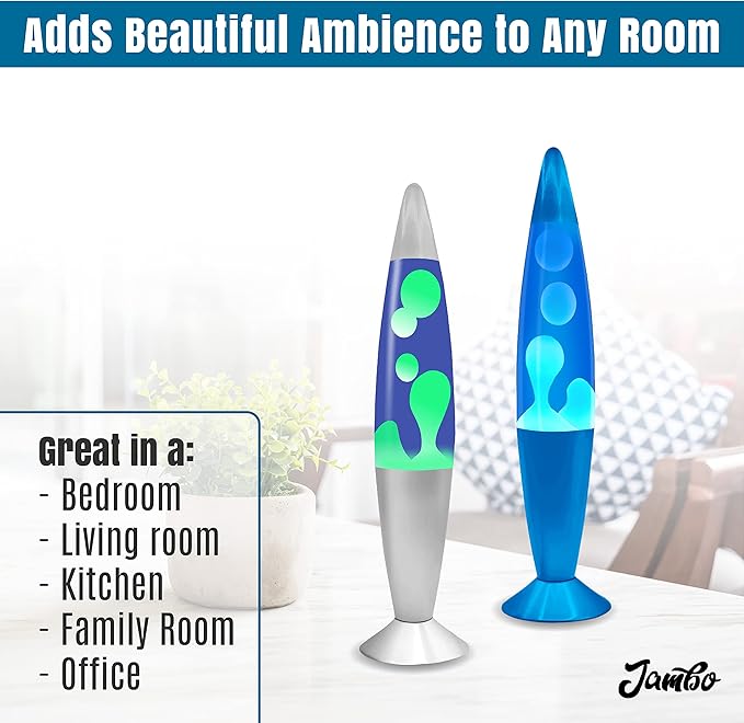 JAMBO 2 Pack- 16" Beautiful Lamp- Silver with Yellow/Green Wax and Blue with Blue/White Wax, Relaxing Liquid Lamp, Night Light Nightlight, Lamps for Adults Teens Kid