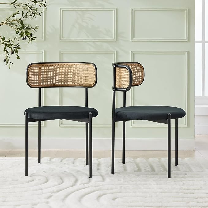 Rattan Dining Chairs Set of 6, Mid Century Modern Dining Chairs with Cane Back and Boucle Upholstered Seat, Farmhouse Kitchen Chairs for Dining Room and Living Room, Black