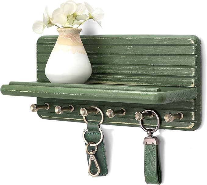 Rebee Vision Pine Wooden Key Holder Wall Mount for Home Decor – Decorative Key Holder for Wall with 6 Hooks & Floating Shelf – Rustic Organizer for Room Decor Aesthetic (Green)