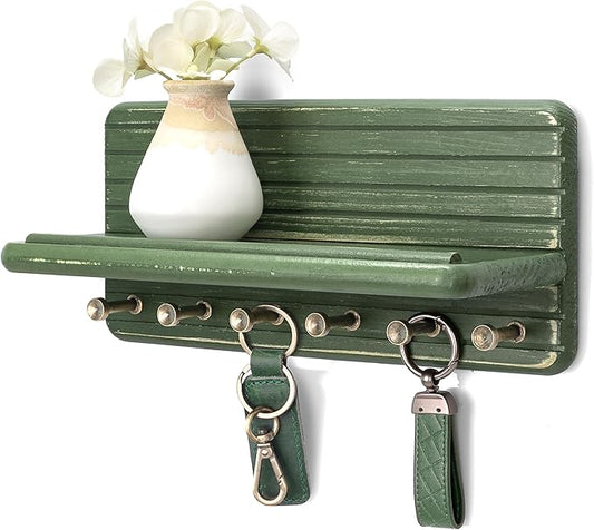 Rebee Vision Pine Wooden Key Holder Wall Mount for Home Decor – Decorative Key Holder for Wall with 6 Hooks & Floating Shelf – Rustic Organizer for Room Decor Aesthetic (Green)