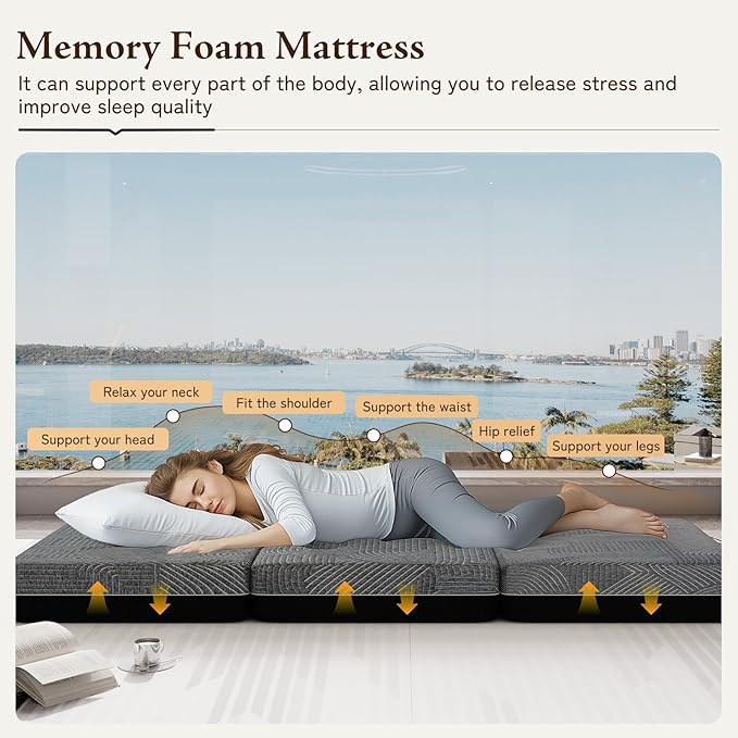 Tri Folding Mattress King Size - Memory Foam Tri-fold Mattress, Handle & Non-Slip Bottom, Portable Foldable Sofa Bed Floor Chair for Travel RV Camping Guest Yoga - 6 Inch, 80"x76"x6"