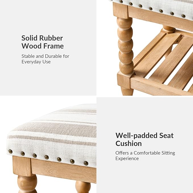 HULALA HOME Farmhouse Entryway Bench, 58" Fabric Bed Bench with Shelf, Solid Spindle Legs, Nailhead Trim Detail for Bedroom, Living Room, Hallway, TAN