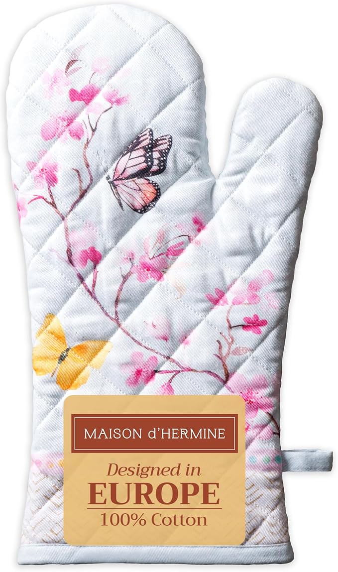 Maison d' Hermine Oven Gloves 100% Cotton Oven Mitt 7" x 13" with Loop Heat Resistant, BBQ, Cooking Gloves, Baking, Grilling, Kitchen, Handling Hot Pans Spring/Summer (Pack of 1, Blossoms in Spring)