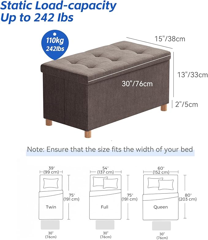 BRIAN & DANY 30 Inches Folding Storage Ottoman Bench, Ottoman with Storage Bench for Bedroom, Living Room, Entryway, Foot Rest with Legs, Brown