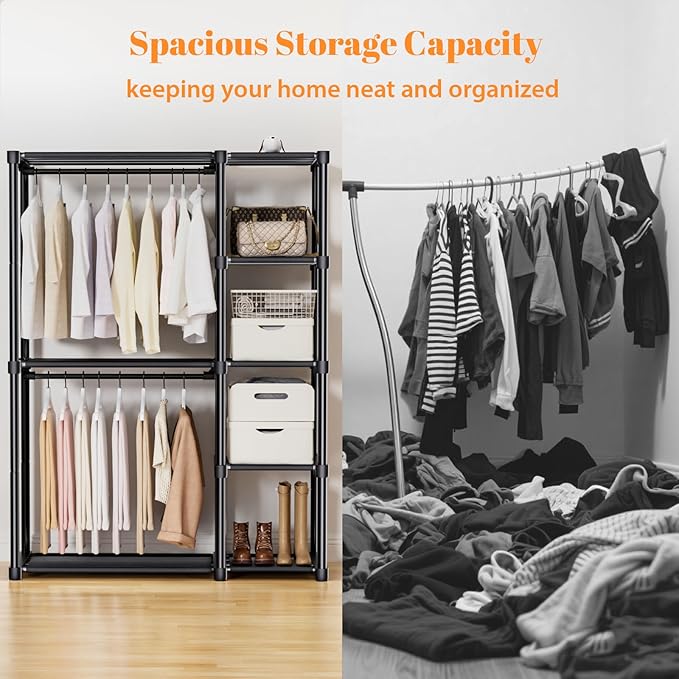 Mavivegue 4-Tier Portable Closet with Shelves & Hanging Rod - Portable Wardrobe Closet for Bedroom, Closet, Dorm - Easy Assembly Clothing Rack with Shelves for Clothes, Shoes, Accessories