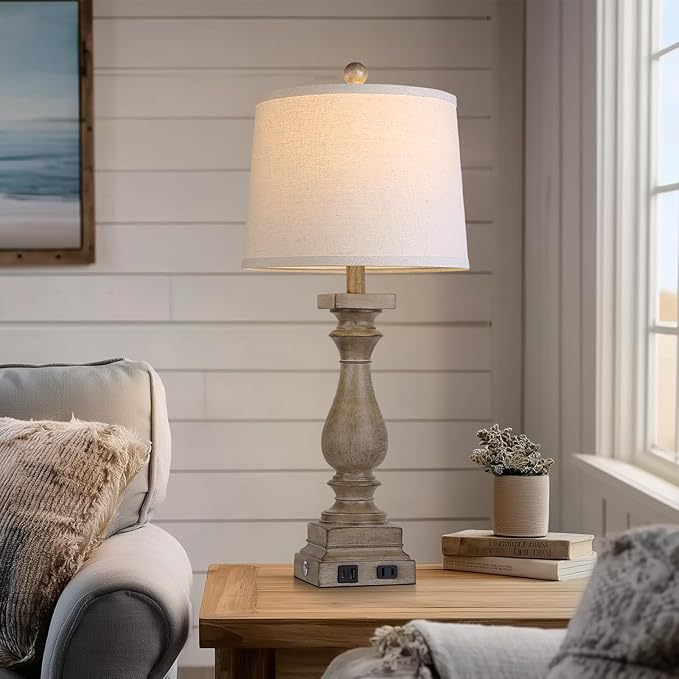 28" Tall Farmhouse Table Lamp with USB C+A Ports and AC Outlet, 3 Way Touch Control Rustic Bedside Lamp for Bedroom, Brown Vintage Nightstand Lamp for Living Room Office
