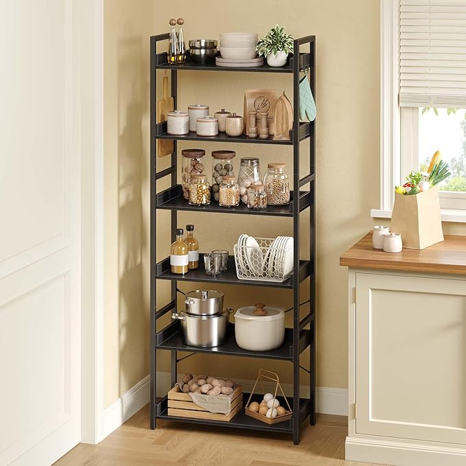 Rolanstar Bookshelf 6 Tier with 4 Hooks, Industrial Wood Bookcase, Vintage Storage Rack with Open Shelves, Rustic Standing Bookshelves Metal Frame Display Rack for Living Room, Bedroom, Black