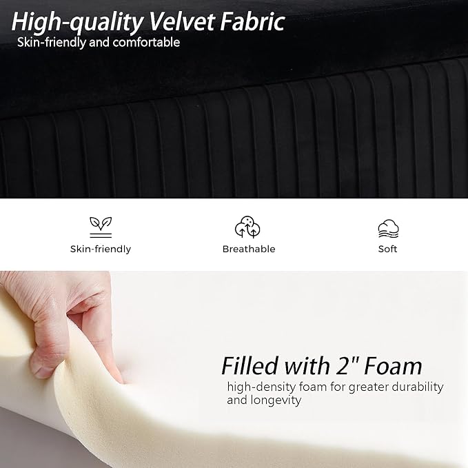 Velvet Storage Bench for Bedroom, Rectangle Upholstered End of Bed Bench Modern Tufted Ottoman with Gold Legs for Living Room/Window/Entryway (Black-45.5" W)