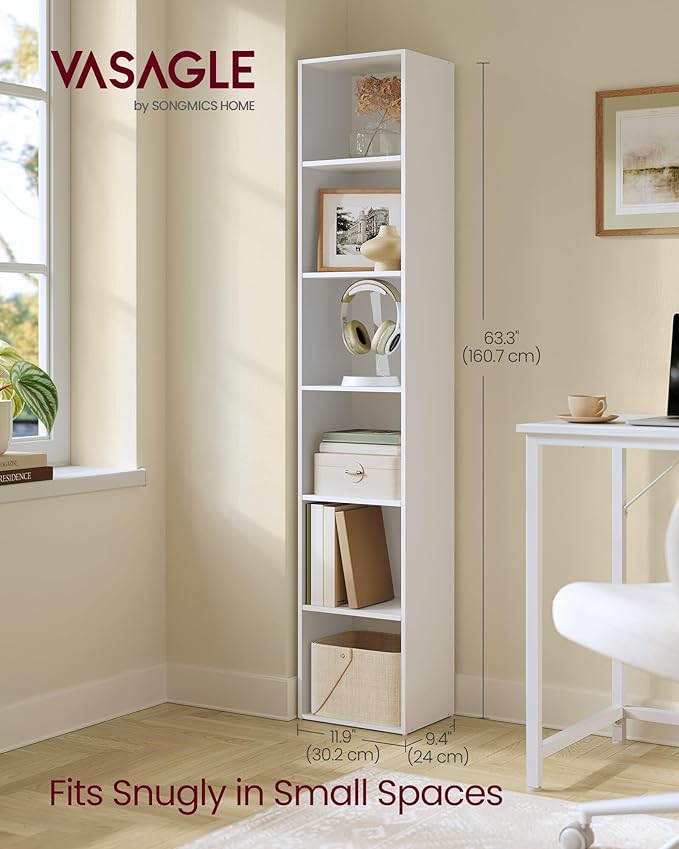 VASAGLE Custos Collection - Bookshelf, 6-Tier Bookcase, Book Shelf, Open Storage Shelf, 9.4 x 11.9 x 63.3 Inches, for Living Room, Home Office, Dinning Room, Cloud White ULBC411W01