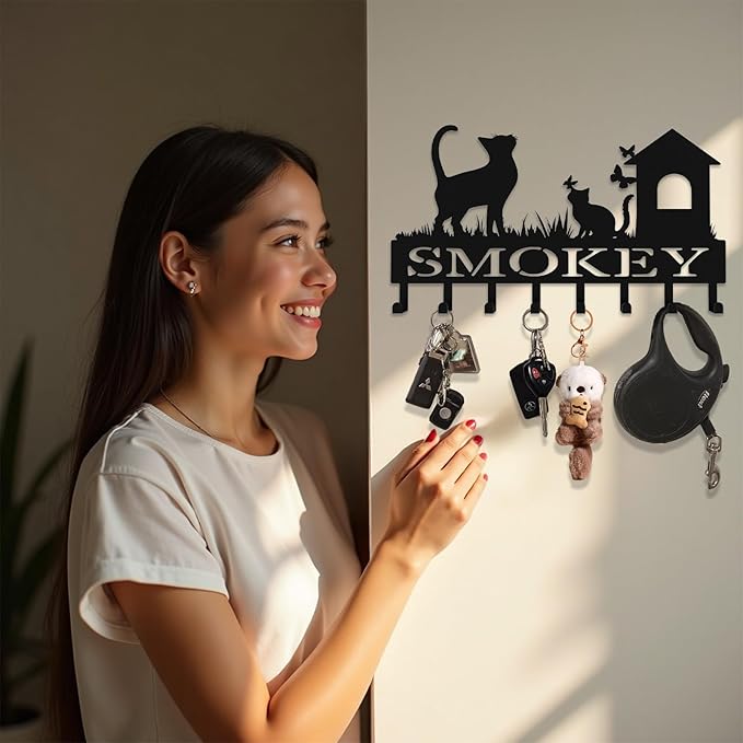Custom Metal Key Rack Hooks, Personalized Key Holder for Wall, Cat, Cat House Theme Wall Decoration Key Hooks, Key Hanger Organizer for Living Room, Entryway, Pet House, Bedroom Decor