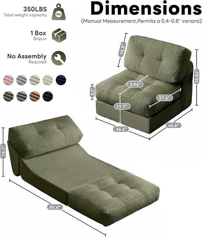 Tbfit 35.8'' Folding Sofa Bed, Convertible Sleeper Chair with Large Pillow, Corduroy Folding Couch Bed, Portable & Foldable Mattress Boneless Floor Sofa Set of 2, Green