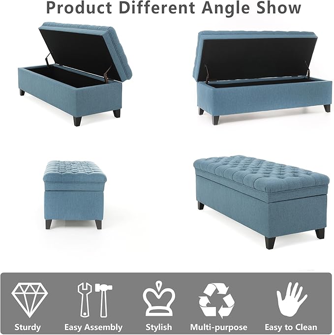 Setawix Linen Storage Benches for Bedroom,50" Bed End Bench with Storage,Tufted Blue Storage Ottoman Bench for Living Room,Rectangle Entryway Benches with Storage and Seating (Blue, Linen)
