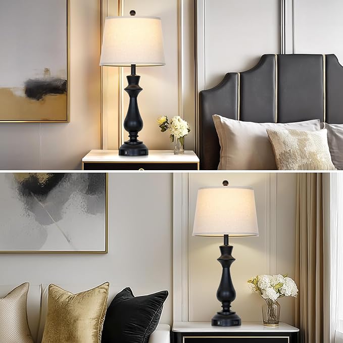 Modern Black Table Lamps Set of 2 for Living Room,30" Tall Bedside Lamp with USB Charging Port,3-Way Dimmable Touch Nightstand Lamp for Bedroom Desk Side Table Office,Black