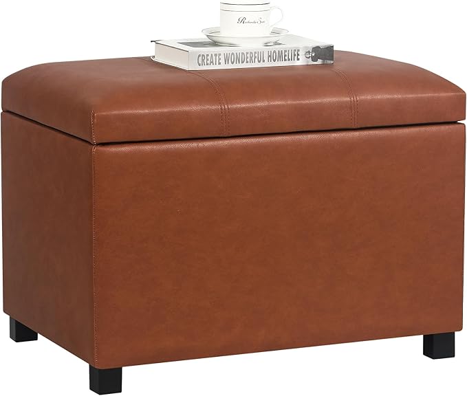 Joveco 24" Leather Storage Ottoman Bench, Rectangle Foot Rest Stool for Living Room, Bedroom, Entryway, Cognac Brown
