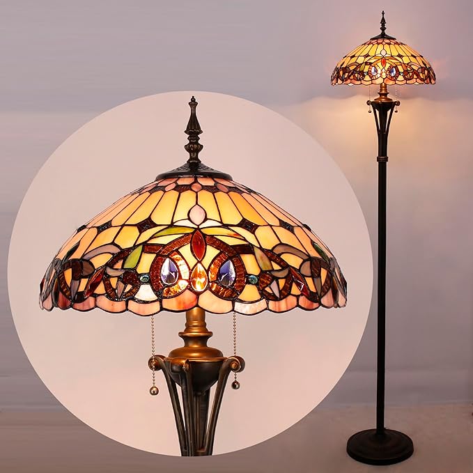 Tiffany Floor Lamp Serenity Victorian Stained Glass Standing Reading Light 16X16X70 Inches Antique Pole Corner Lamp Decor Bedroom Office Living Room