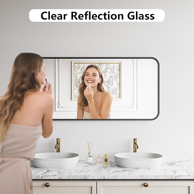 Koonmi Bathroom Mirror, 24X48 Brushed Black Metal Framed Wall-Mounted Mirror for Over Sink, HD Tempered Glass, Anti-Rust, Rounded Rectangle Mirror for Restroom, Bedroom, Hangs Horizontal or Vertical