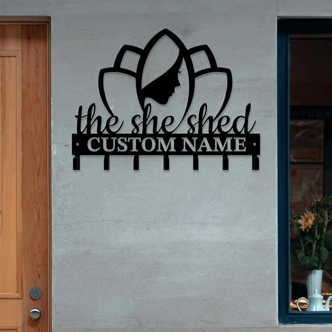 Personalized She Shed Keys Hooks,Custom Name Metal She Shed Art Keys Hooks,Metal She Shed Lover Wall Home Storage Decorative Keys Hooks,Key Holder Hooks for Wall (Style D)