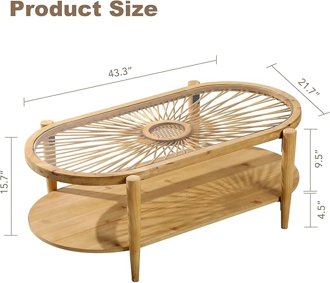 RUSTOWN Rattan Coffee Tables,2-Tier Oval Boho Cocktail Tables, Mid Century Modern Coffee Table with Rattan & Tempered Glass Top and Wood Legs, Sofa Table for Living Room(Natural)