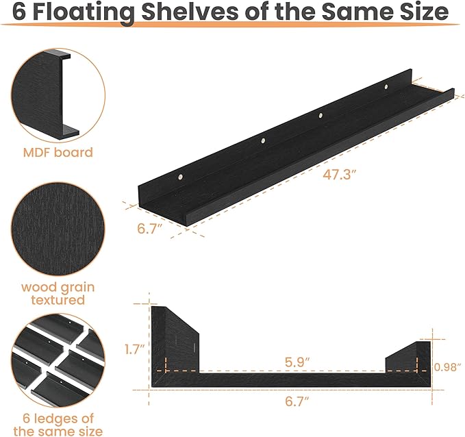upsimples Floating Shelves for Wall, 47.3 Inch Shelves for Decor Storage Set of 6, Wall Mounted Wood Shelf for Bedroom, Living Room, Bathroom, Kitchen, Long Picture Ledge Shelves, Black