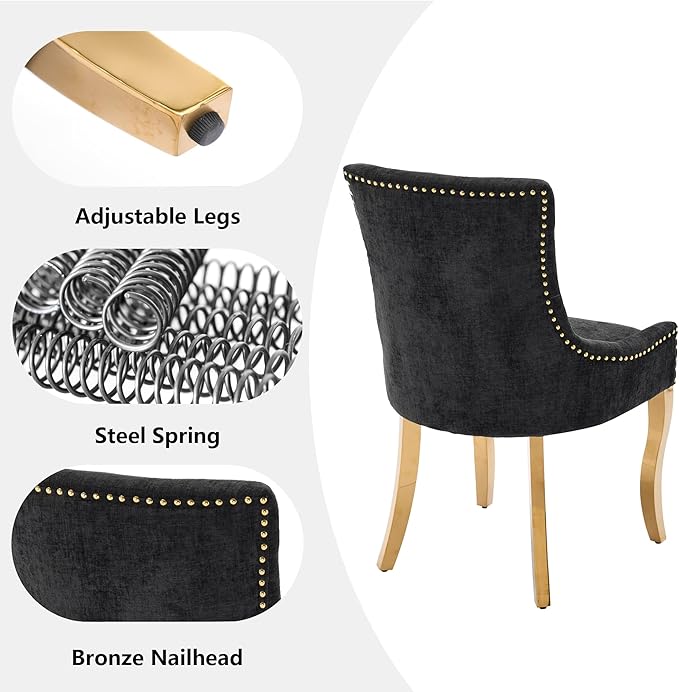 Luxury Fabirc Upholstered Dining Chairs Set of 4,Neutral Chenille Kitchen Room Chair with Nailhead Trim,4 Piece Modern Side Chairs for Dining Room,Living Room,Bar (Black-Gold, Set of 4)
