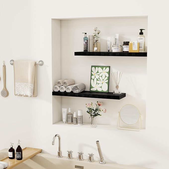 Fun Memories Floating Shelves for Wall, 22.5" Rustic Wood Deep Wall Mounted Shelves with Invisible Brackets for Decor & Storage, Floating Shelf for Living Room, Bathroom (Black, Set of 2)