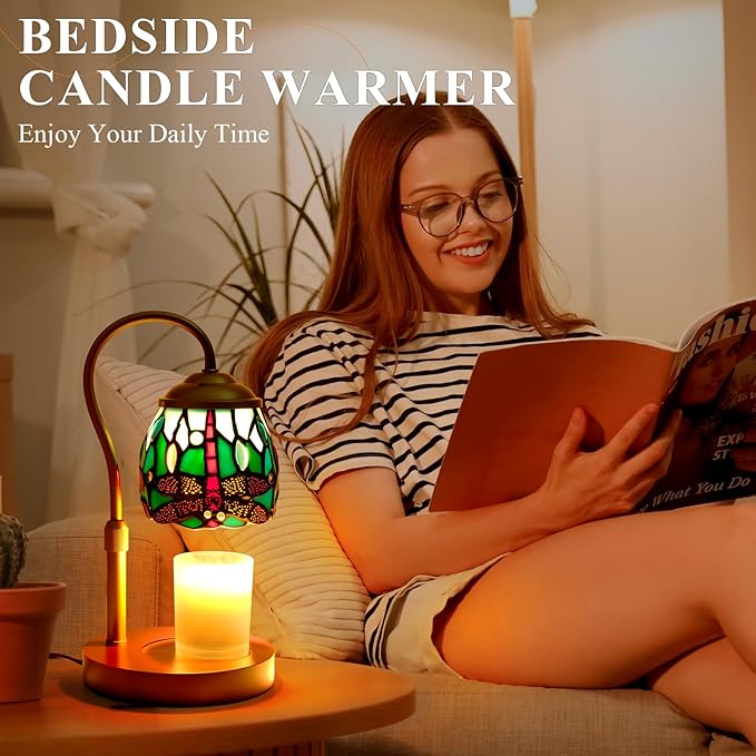 Tiffany Style Candle Warmer Lamp with Timer, Dimmable Dragonfly Stained Glass Candle Lamp Warmer, Vintage Candle Light for Scented Candles with 2 Bulbs for Home Deco Birthday Gifts for Mom Women