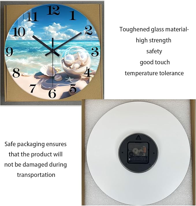 XNM Beach Analog Glass Wall Clocks Battery Operated 14 Inch Blue Clock for Kitchen Round Silent Wall Clock Decorative