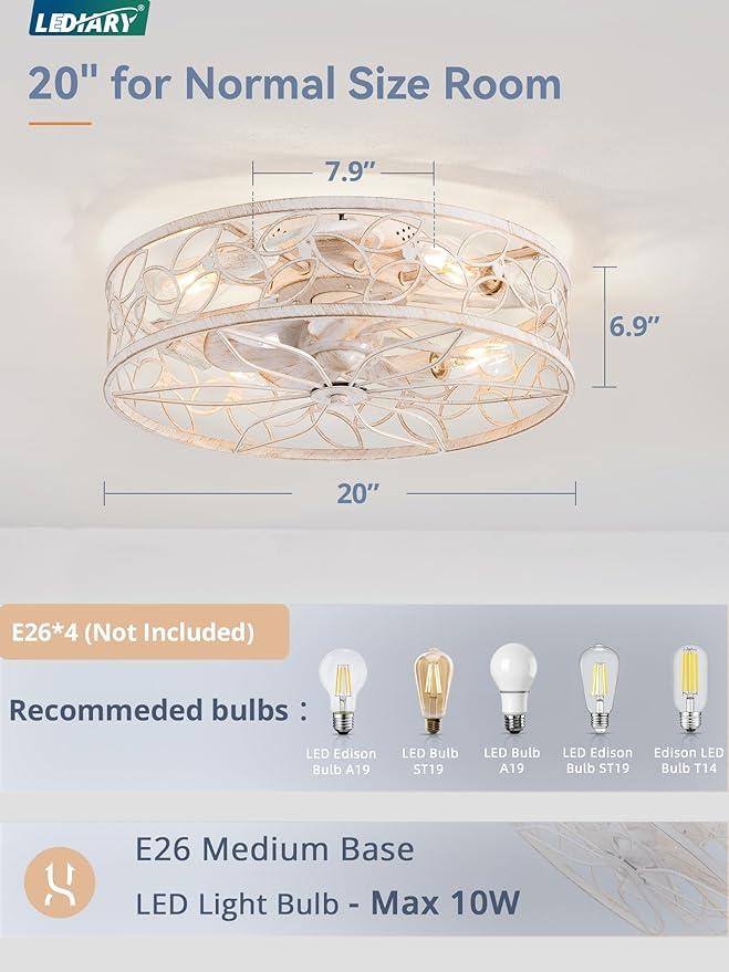 LEDIARY 20 Inch Caged Ceiling Fans with Lights, White Flush Mount Ceiling Fan with Remote, Low Profile Bladeless Ceiling Fan Light Fixture for Bedroom, Kitchen, Dining Room-White Gold Color