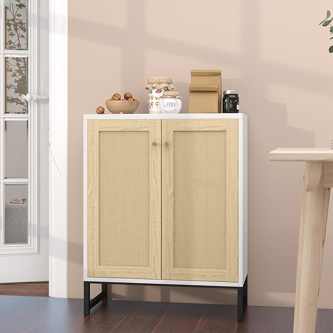 Panana Rattan Decorated 2 Doors Storage Cabinet Accent Cabinet Living Room Cupboard Kitchen Sideboard Buffet Table (White)