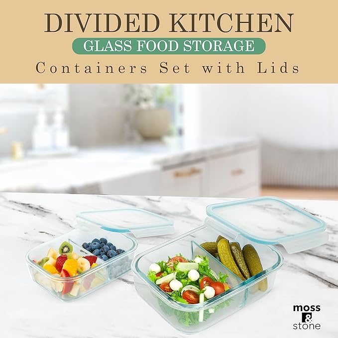 Moss and Stone Rectangular Borosilicate Glass Meal Food Containers - Prep Food Storage Containers Airtight - Snap Locking Lids – Microwave, Oven, Freezer, Dishwasher Safe – with 2 Compartment 2 Pack