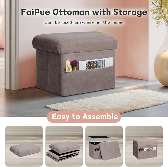 Ottoman with Storage, Folding Soft Fur Ottoman Foot Rest Stool with Thicker Furry Padded Seat. Small Storage Bench for Bedroom Living Room, Holds Up to 300 lbs, 17x13x13IN (Gray)