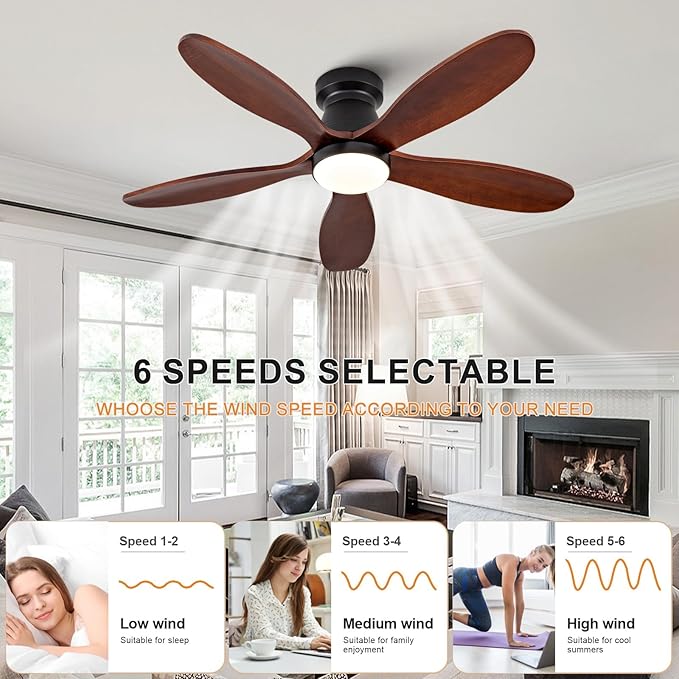 42 Inch Ceiling Fans with Lights and Remote, Low Profile Flush Mount Modern Wood Ceiling Fan with Light, 5 Blades, Wall Switch, Reversible DC Motor, Indoor Outdoor Ceiling Fan