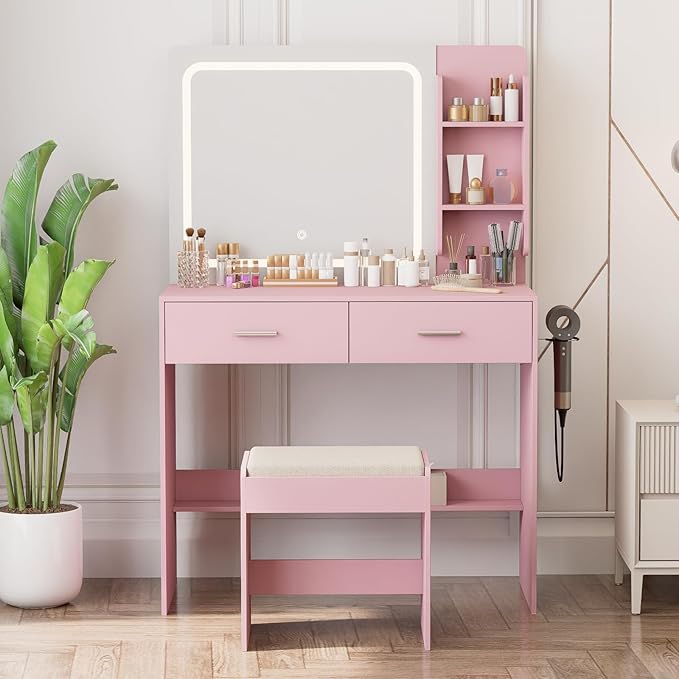 Makeup Vanity with Lighted Mirror & Electrical Outlet - 2 Shelves, 2 Drawers, Bottom Storage - Comes with Upholstered Stool （Pink）