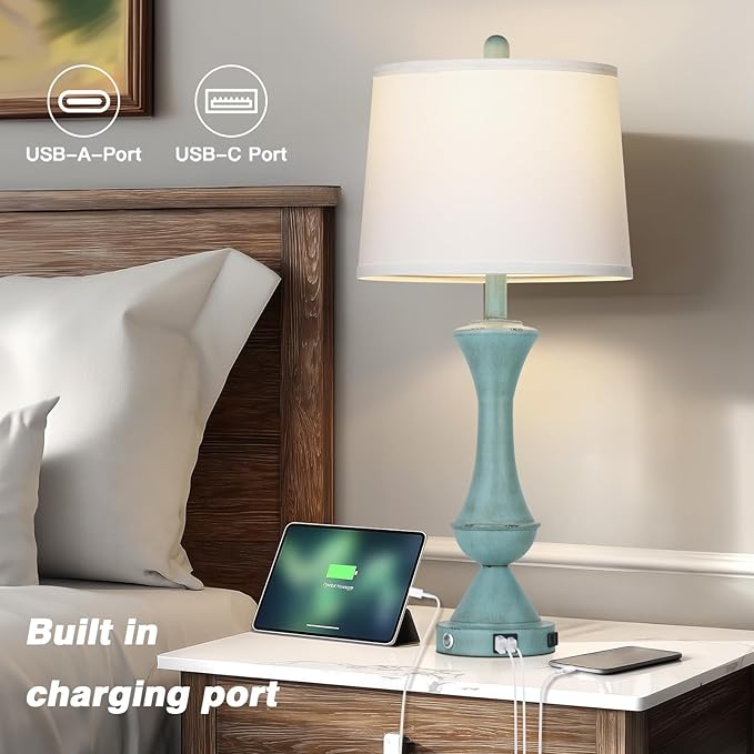 29" Tall Blue Table Lamps Set of 2 for Living Room, Touch Control Bedroom Lamps for Nightstand, 3-Way Dimmable Bedside Lamp with USB A+C Port &AC Outlets(2 LED Bulbs Included)