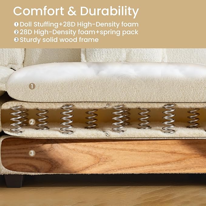 112" U Shaped Modular Sectional Sofa, 3 Seater Comfy Cloud Couch with Movable Ottoman, Deep Seat Couches for Living Room, Bedroom, Apartment (Beige)