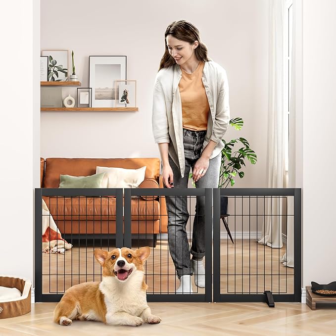 Wire Dog Gate Indoor, Foldable Dog Gates for Doorways, Stairs, 24-Inch Tall Freestanding Pet Gates, Puppy Fence (3 Panel, Black)