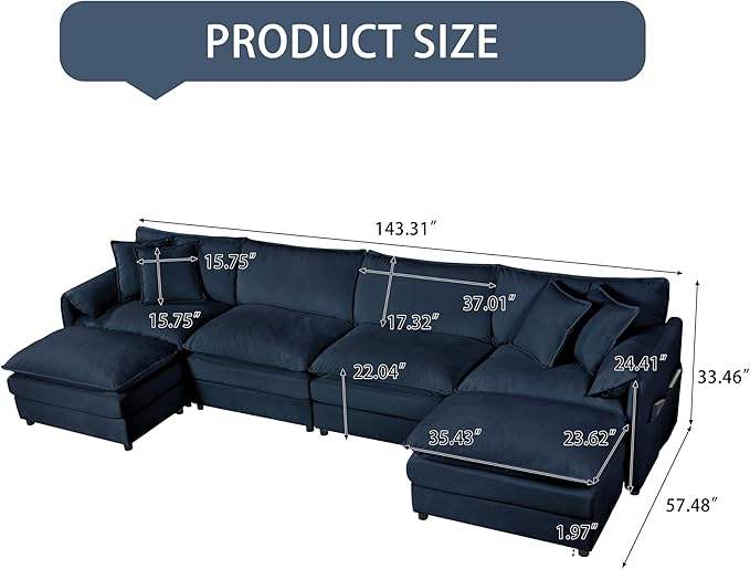 143.31" Oversized Extra Deep Seat Modern Chenille Cloud Couch, Large 4 Seater U Shaped Modular Sofa for Living Room,Bedroom,Apartment,Office(Blue, 143.31 Inch-U Shape)