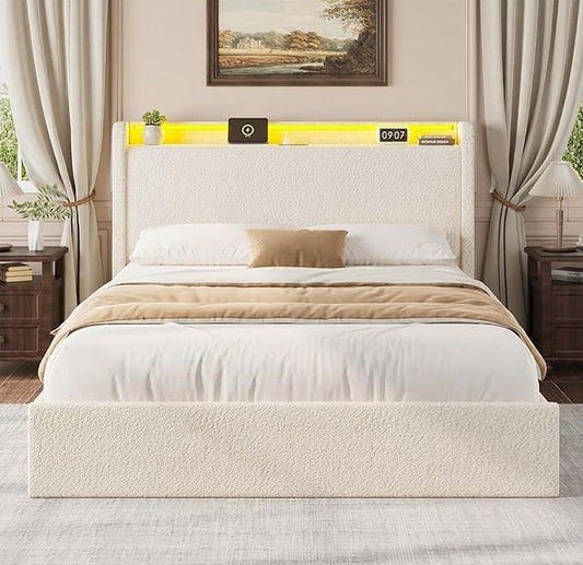 Queen LED Bed Frame with 4 Storage Drawers and Storage Headboard, Soft Boucle Upholstered Platform Bed Frame with Charging Station and USB Ports, Solid Wood Slats Support, No Box Spring Needed, Cream