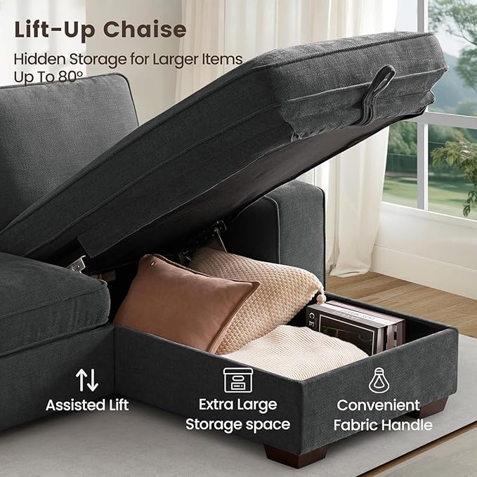 PARKOL 99" L-Shaped Sectional Couch with Storage, Sofa with Reversible Chaise, USB Type-C Charging, Chenille Fabric, Removable Cushion Covers, for Small Space, Apartment, Living Room, Dark Gray