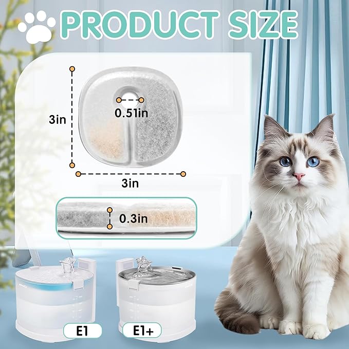 16 Packs Cat Water Fountain Filter Replacements Compatible with E1/E1+ Cat Fountain (2L/67oz), Triple Filtration System Pet Water Dispenser Filter