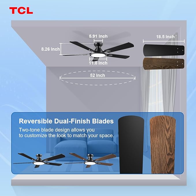 TCL Ceiling Fans with Lights, 52 Inch Low Profile Ceiling Fan with Light and Remote Control, Flush Mount, DC Reversible Motor, Noiseless, 6 Speeds Ceiling Fan for Bedroom (Black)