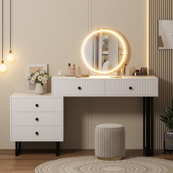 IDEALHOUSE Vanity Desk with Mirror and Lights, 49.2”H Makeup Vanity with 3 Color Lights and Adjustable Brightness, Bedroom Vanity Table with 5 Drawers, White