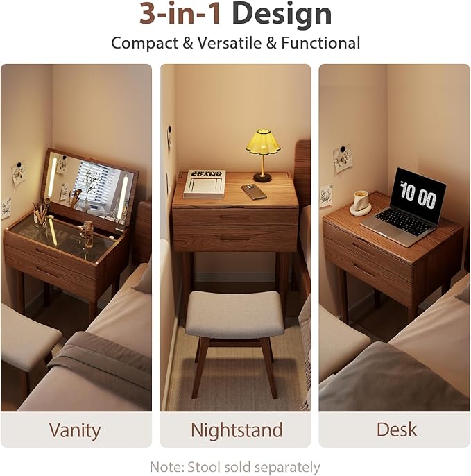 Solid Wood Small Vanity Desk with Mirror and Lights, Narrow Makeup Vanity for Small Space, Flip Top Vanity Side Table, 3 Color Modes & Adjustable Brightness, 23.6" Slim Dressing Table, Walnut