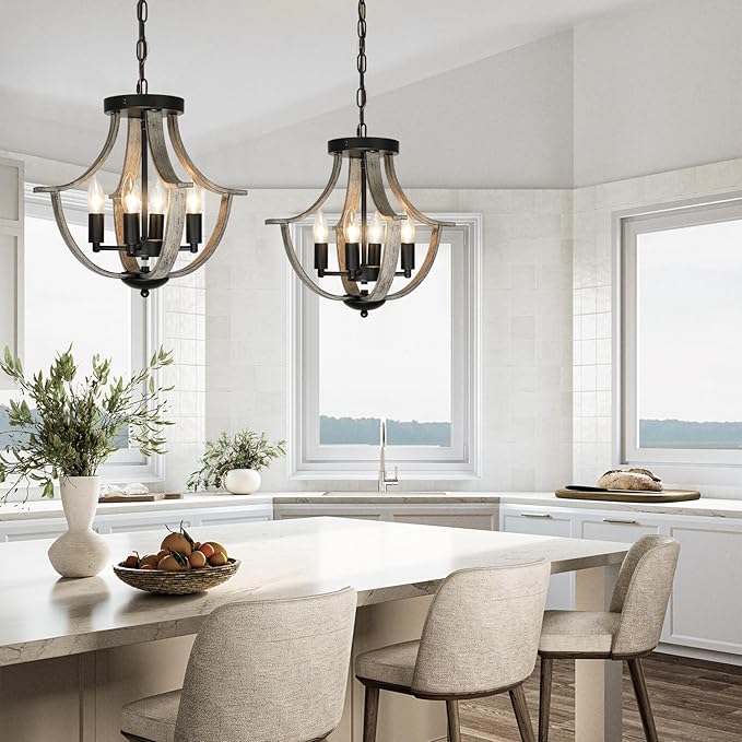 Farmhouse Chandelier, Modern Hanging Pendant Lighting, 4-Light Rustic Flush Mount Ceiling Light Fixture,Faux Wood Vintage Chandelier for Dining Room Kitchen Island Foyer Hallway Entryway Bedroom