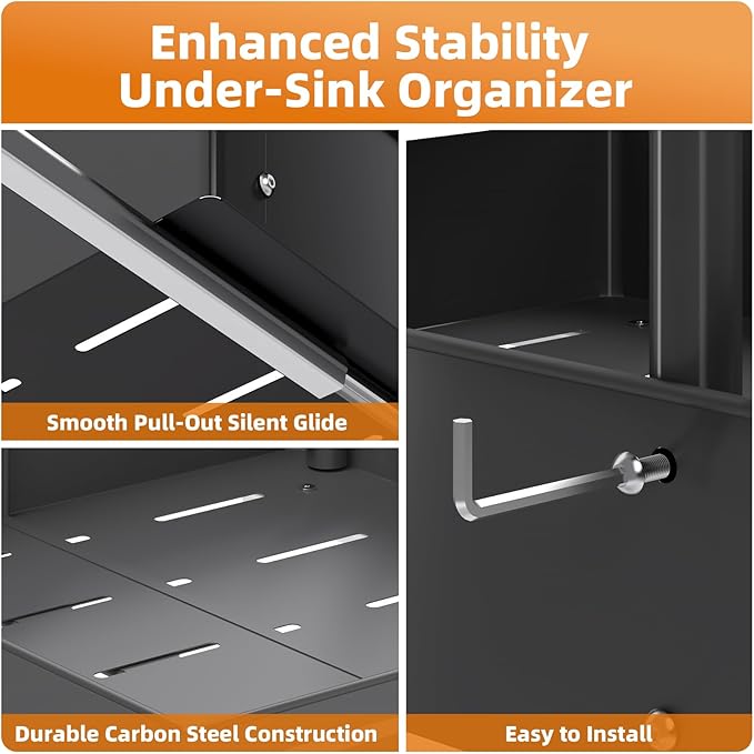 2Packs Under Sink Organizer with Adjustable Height and Width, Under Cabinet Organizer to Tidy, Sturdy Metal Design for Kitchen and Bathroom